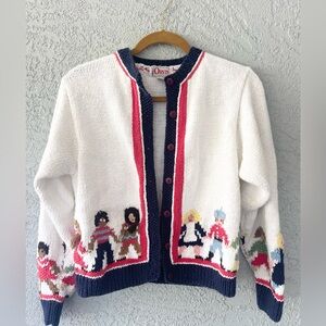 Vintage Folk Scene Cardigan Children Holding Hands Around the World Novelty